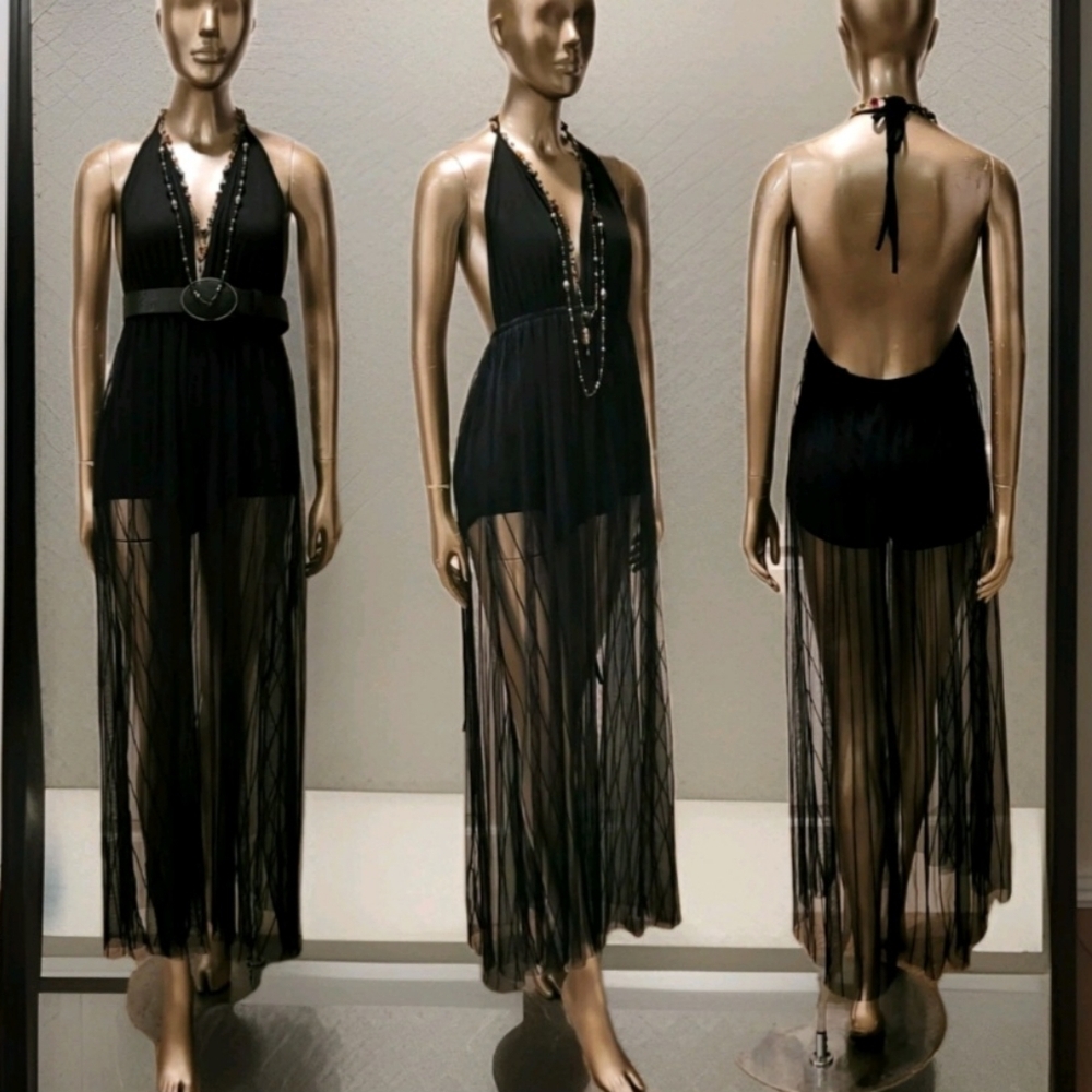 NWT Black Halter Backless Romper With Sheer Mesh Rave  Festival Skirt Sz M